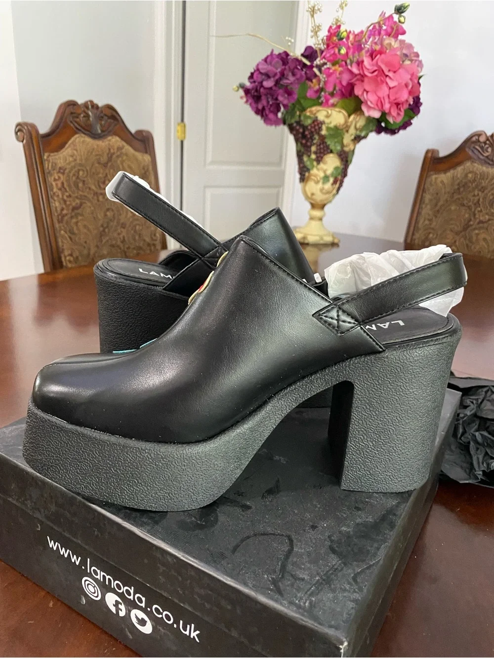 Black Platform Mary Janes with Blue & Red Floral Accents